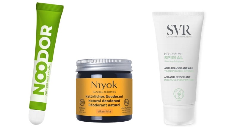 De izquierda a derecha: Noodo, un antiodorante en crema con eficacia probada de más de 48 horas que utiliza un ingrediente natural con certificación COSMOS que reduce la población de las principales bacterias responsables del mal olor corporal y ayuda a mantenerlas en equilibrio (12,50 euros); Desodorante antitranspirante ecológico y vegano de Niyok, neutraliza el mal olor gracias al bicarbonato sólido, el óxido de zinc, el ricinoleolato de zinc y los tocoferoles (8,49 euros), Spirial Deo-Creme de SVR es una crema multizona antiranspirante con efecto 48 horas, que ayuda a controlar el sudor. Sin alcohol ni fragancias, se puede usar en manos, pies, axilas, rostro… (14,90 euros)