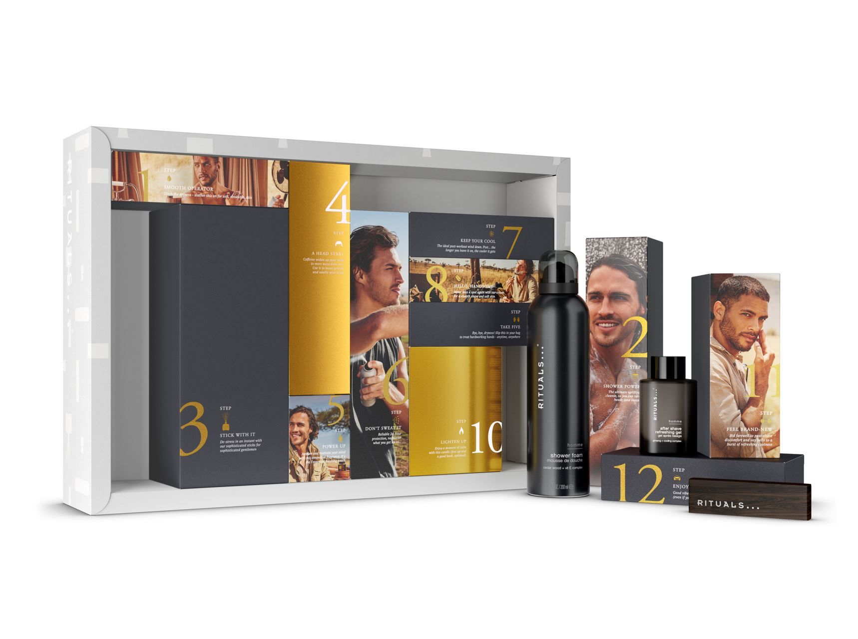 The Ultimate Men´s gift box de Rituals. Un cofre de regalo para hombres que contiene 12 productos pensados para acompañarle en el día a día: gel de ducha, crema de afeitado, etc. Productos de cuidado e higiene esenciales, y otras sorpresas que le harán reconciliar cuerpo y mente en una apuesta segura por el hedonismo más saludable. Precio: 89,90 € (valorado en 160,90 €)