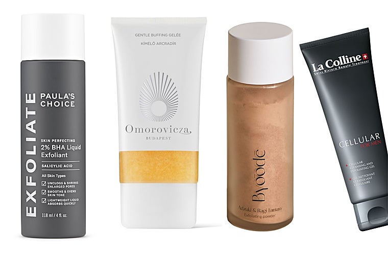 Exfoliante químico Skin Perfecting 2% BHA Liquid de Paula's Choice (39 €); Limpiador exfoliante Gentle Buffing Gelée de Omorovicza (73 €); Exfoliante en polvo Adzuki & Ragi Fantasy de Byoode (39 €); y Gel Limpiador Exfoliante Cellular de La Colline For Men (85 €).