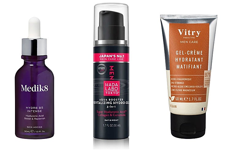 Sérum con ácido hialurónico ¨Hydra B5 Intense de Medik8 (76 €); Gel hidratante y revitalizante con ácido hialurónico de Hada Labo Tokyo (22,40 €) y Gel Crema hidratante Matificante con ácido hialurónico de Vitry Men Care (15,90 €).