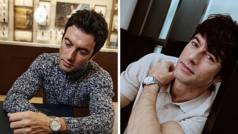 Javier Rey con sus relojes favoritos: el nuevo Longines Ultra-Chron Classic, una reinterpretación moderna del legendario modelo de 1967; y el Longines Legend Diver, un reloj de buceo.