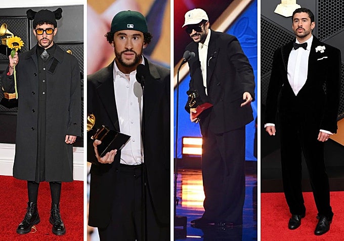 Bad Bunny en los Premios Grammy 2021 (Burberry), 2023, 2025 y 2026 (Schiaparelli).