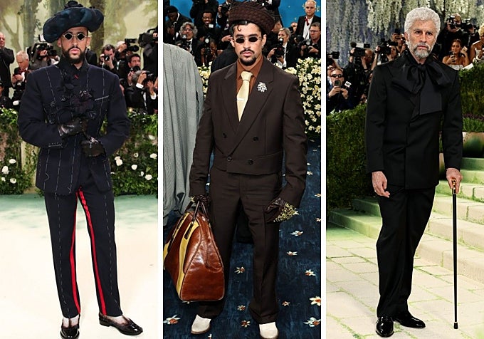 Bad Bunny en la Gala Met de 2024 (Maison Margiela x John Galliano), 2025 (Prada) y 2026 (Zara).