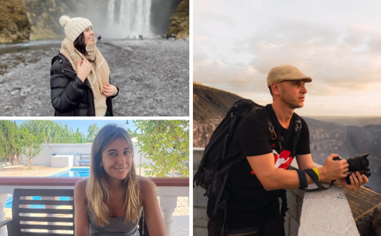 Arriba a la izquierda, Carla, empresaria y creadora digital; debajo, Olga, especialista en marketing digital; a la derecha, Carles, fotógrafo