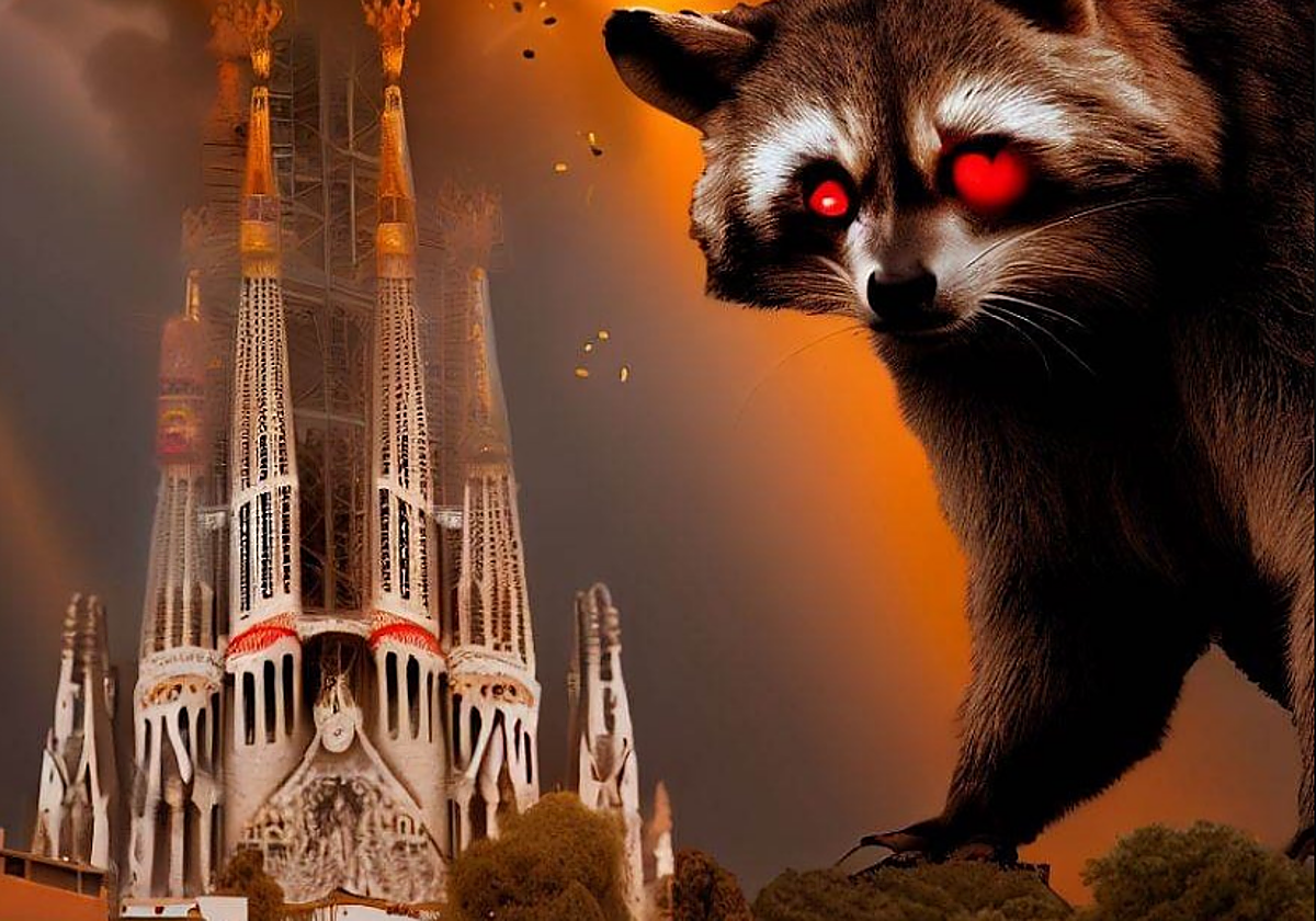 Un mapache gigante atacando la Sagrada Familia de Barcelona, imagen generada por la IA de Bing