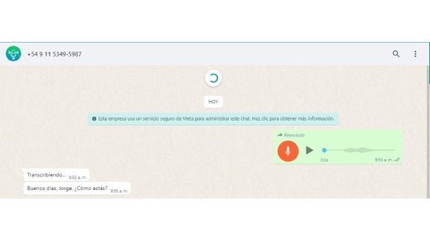 Captura de un audio transcrito por IA en WhastApp