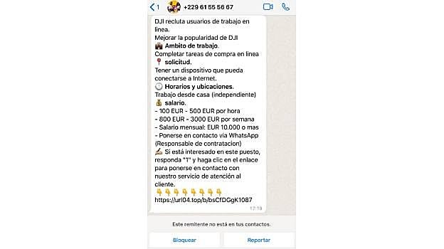 Captura de la estafa camuflada en una oferta de trabajo