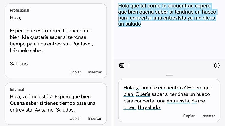 A la izquierda, sugerencias del móvil para mejorar el tono del mensaje. A la derecha, el teléfono corrigiendo las (muchas) erratas del mensaje original