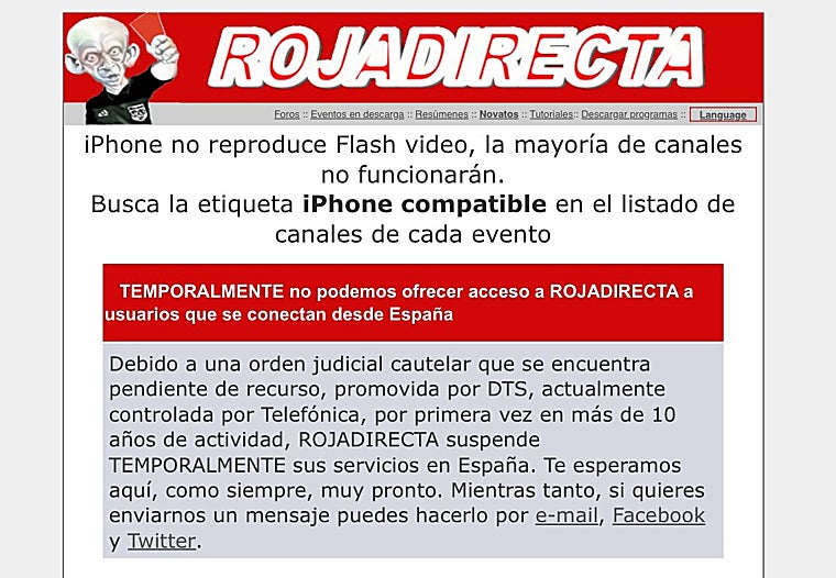 El mensaje que aparece cuando abres la página de Roja Directa desde España