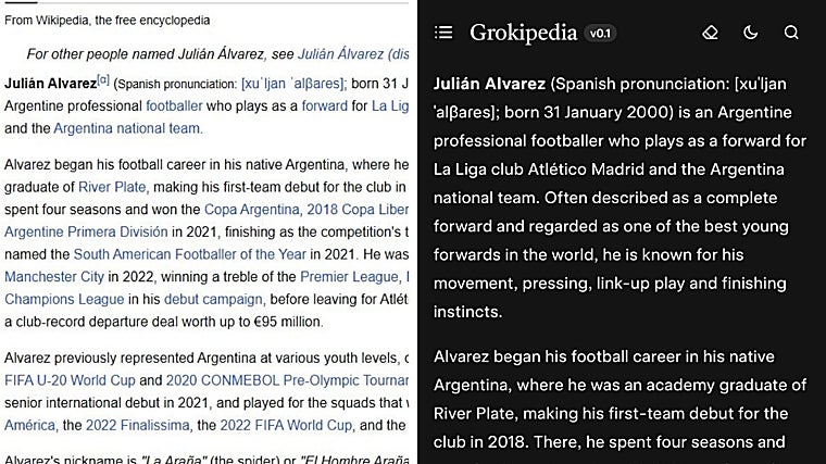 A la izquierda, la entrada del jugador Julián Álvarez en Wikipedia; a la derecha, la misma entrada en la Grokipedia