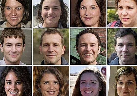 Algunas de las imágenes de caras utilizadas durante el entrenamiento. Las de las dos filas superiores son falsas, la de la inferior son de personas reales