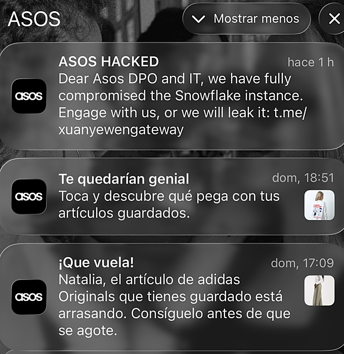 Notificaciones de Asos recibidas en un teléfono español este martes