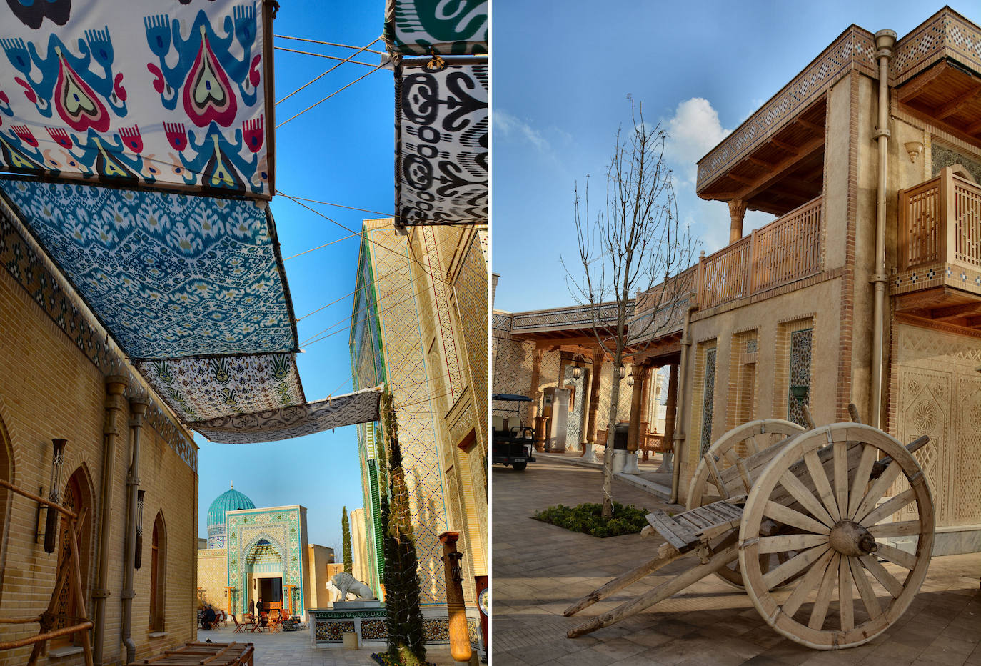 Entre los ocho hoteles del complejo destaca el Samarkand Regency Amir Temur, un cinco estrellas lujo que se llama así en honor del Gran Tamerlán, el héroe nacional que hizo de Samarcanda la capital de su vasto imperio en el siglo XIV. La marca china Minyoun está representada por otros dos hoteles de cuatro y cinco estrellas. El Savitsky Plaza (en honor del pintor ucraniano Igor Savitsky que vivió en Uzkekistán) es un hotel temático dedicado al arte. También hay una eco-aldea con 14 chalés de madera provistos de energía solar. En las fotos, una calle entoldada y un carro junto a una casa de Bujará