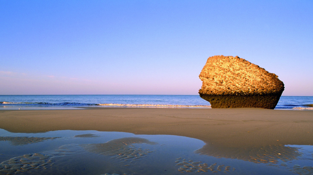 Imagen de la playa de Matalascañas con los restos de la Torre de la Higuera