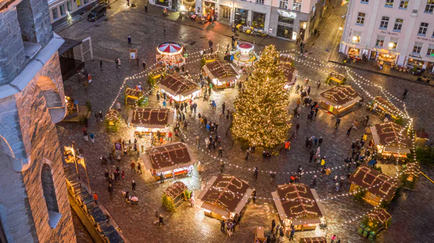 Vista aérea del mercado y el árbol navideño de Tallín