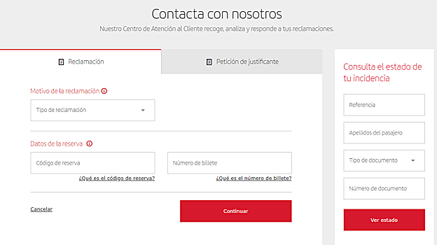 Apartado de reclamaciones en la página web de Iberia