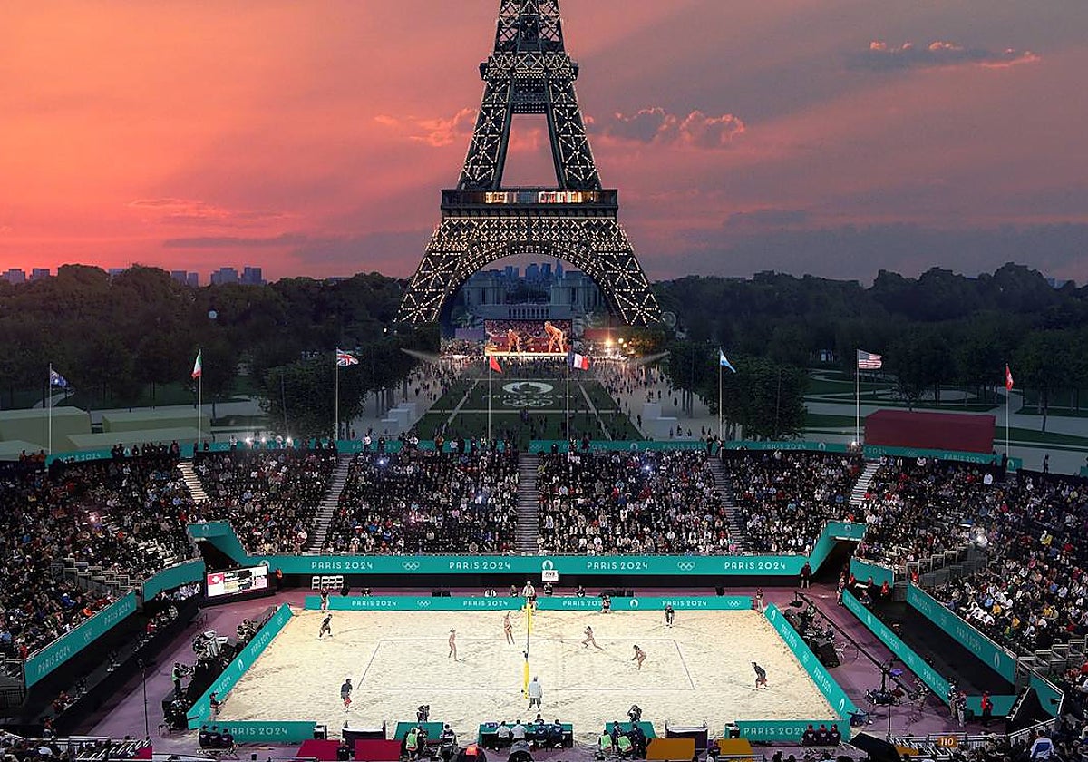 Recreación de la pista de voleibol de playa que se instalará junto a la Torre Eiffel, en los Juegos Olímpicos de París, uno de los destinos elegidos por The New York Times para 2024