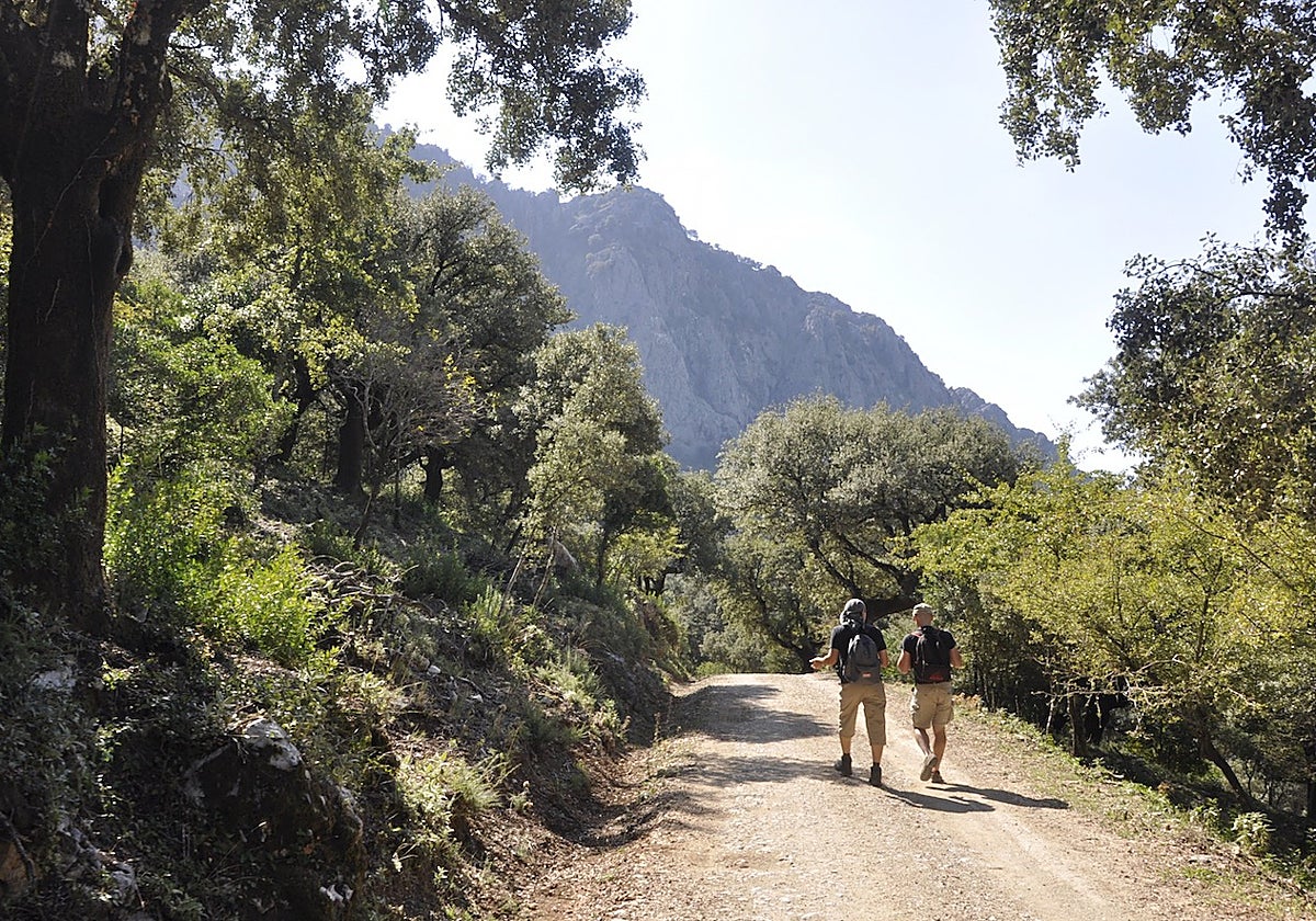 Dos senderistas recorren uno de los caminos de montaña en Andalucía.
