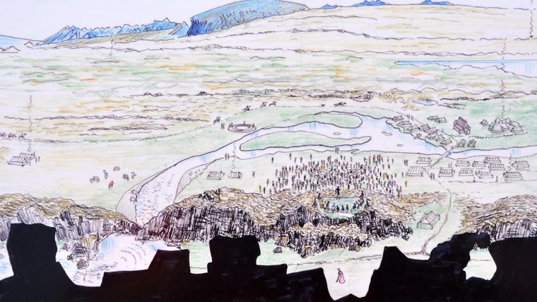 Dibujo del Althing en las llanuras de Thingvellir (Campos del Parlamento)