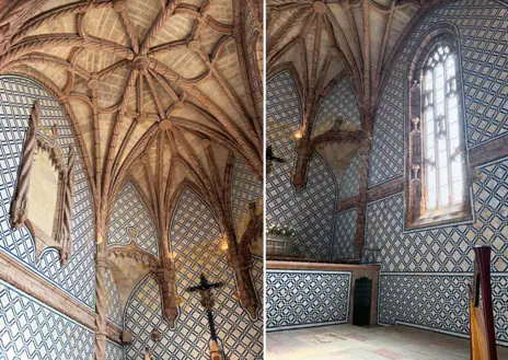 Imagen secundaria 1 - Detalle de columnas de brecha, ventanas que simbolizan la vida y la muerte y paneles de azulejos de los laterales  de la iglesia