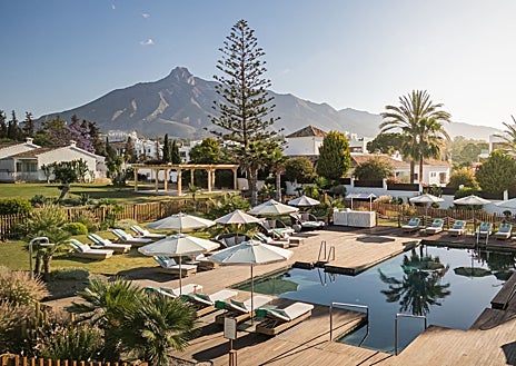 Imagen secundaria 1 - Una de las habitaciones, el jardín y la piscina y una sala del spa de Boho Club Hotel, en Marbella
