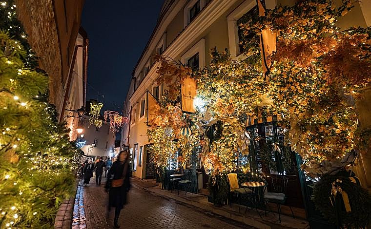 Street decorated with Christmas lights
