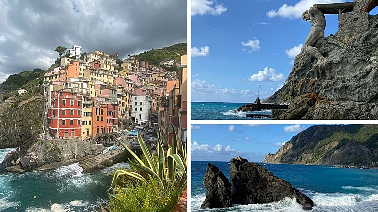 Vistas da praia de Riomaggiore, El Gigante e Feggina.