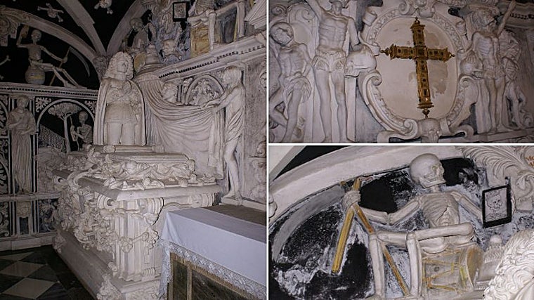 Tumba del conde, cruz dorada y detalles de la tumba.