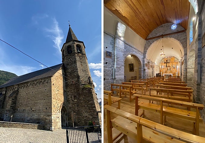 A la izquierda, el campanario gótico de la Iglesia de San Félix. A la derecha, vista interior al altar.