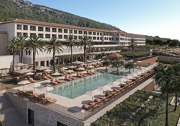 Imagen principal - El hotel Four Seasons Mallorca está en el cabo de Formentor, donde funcionó el mítico Hotel Formentor, famoso en los años 20 y 30 del siglo pasado. Aquí, vistas de la piscina principal, una suite y el lobby.