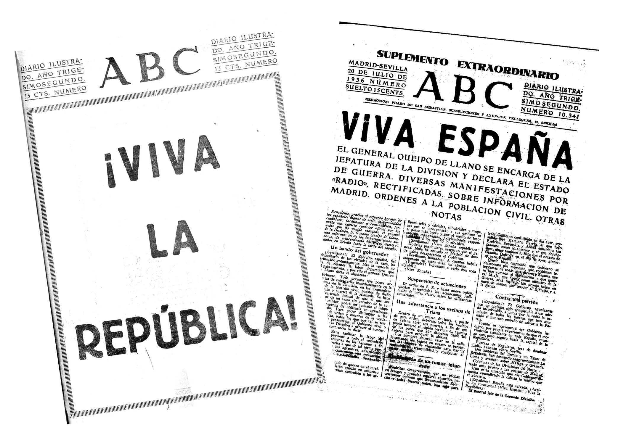 Portadas de ABC del 20 de julio de las ediciones de Madrid y Sevilla.