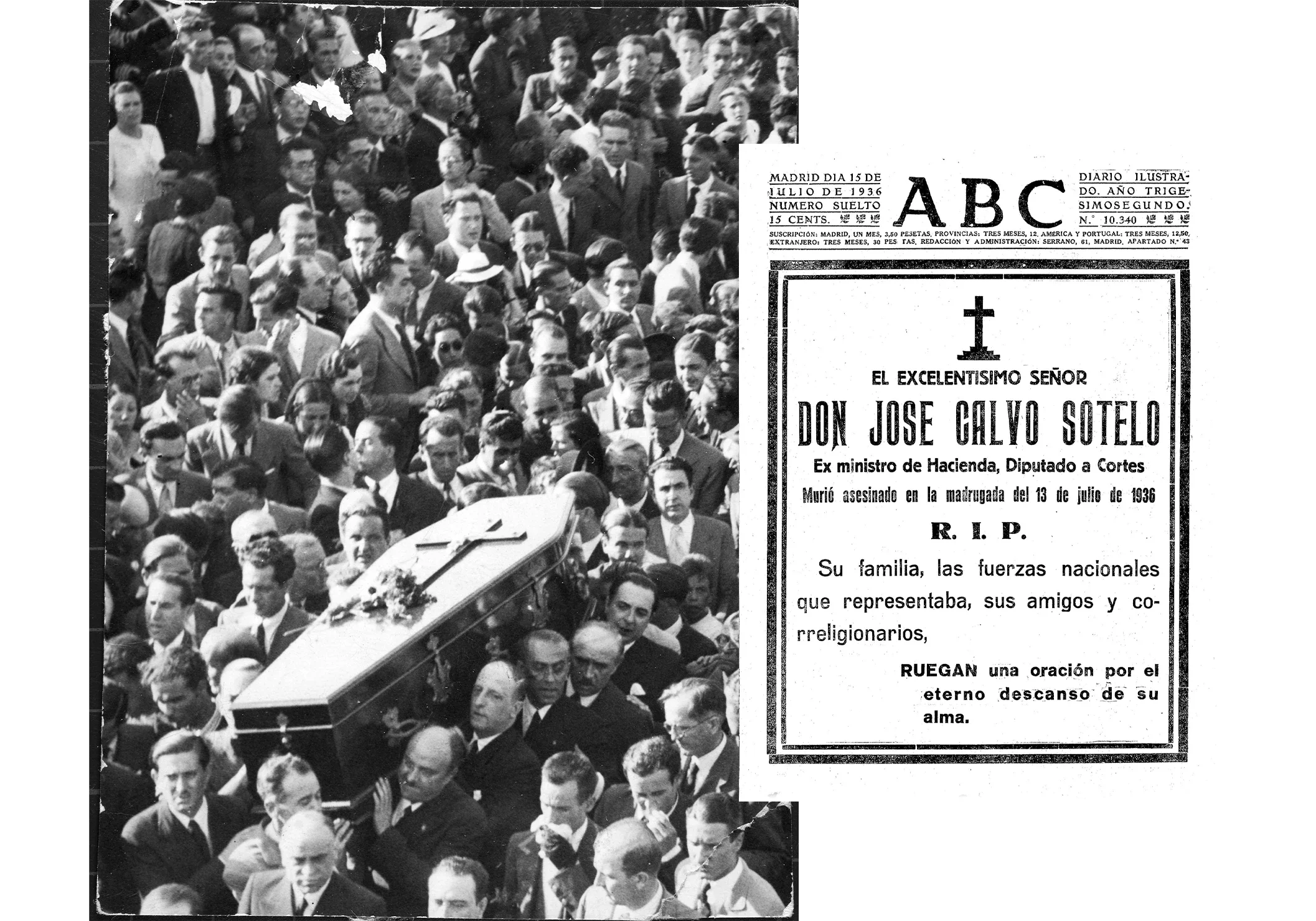 El féretro con el cadáver de Calvo Sotelo llevado a hombros por los José Mª Albiña, Andrés Amado,  Santiago FuentesFuentes Pila, Vicente de la Hoz y Joaquín Bau, así como otros diputados y amigos, hasta el panteón familiar.