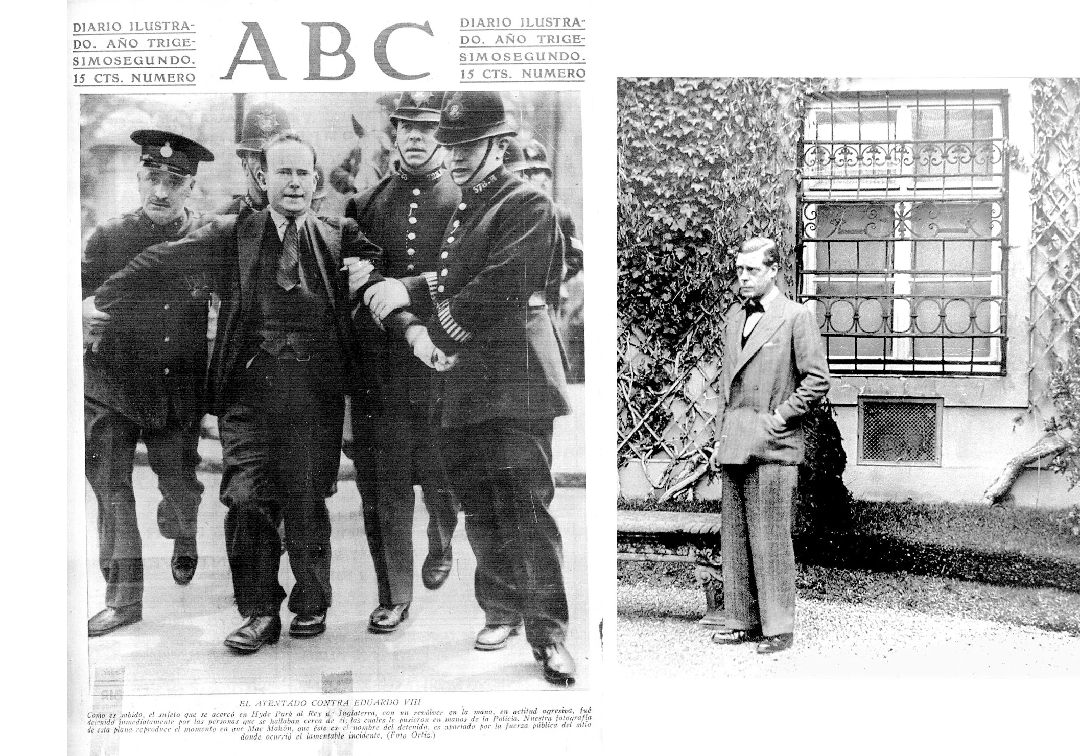 Portada de ABC con George McMahon, el hombre que intentó atentar contra Eduardo VIII, detenido por la policía londinense en Hyde Park.