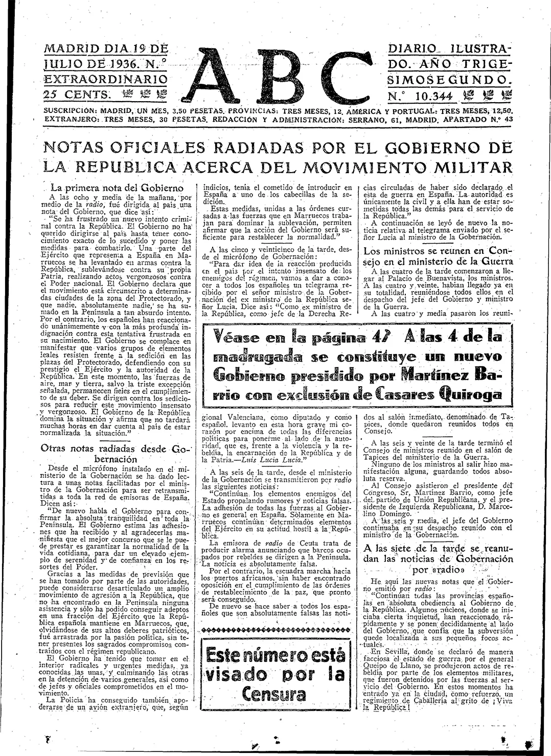 Portada de ABC que recoge la primera reacción oficial del Gobierno, a través del ministro de la Gobernación, Casares Quiroga, tras el comienzo del golpe de Estado.