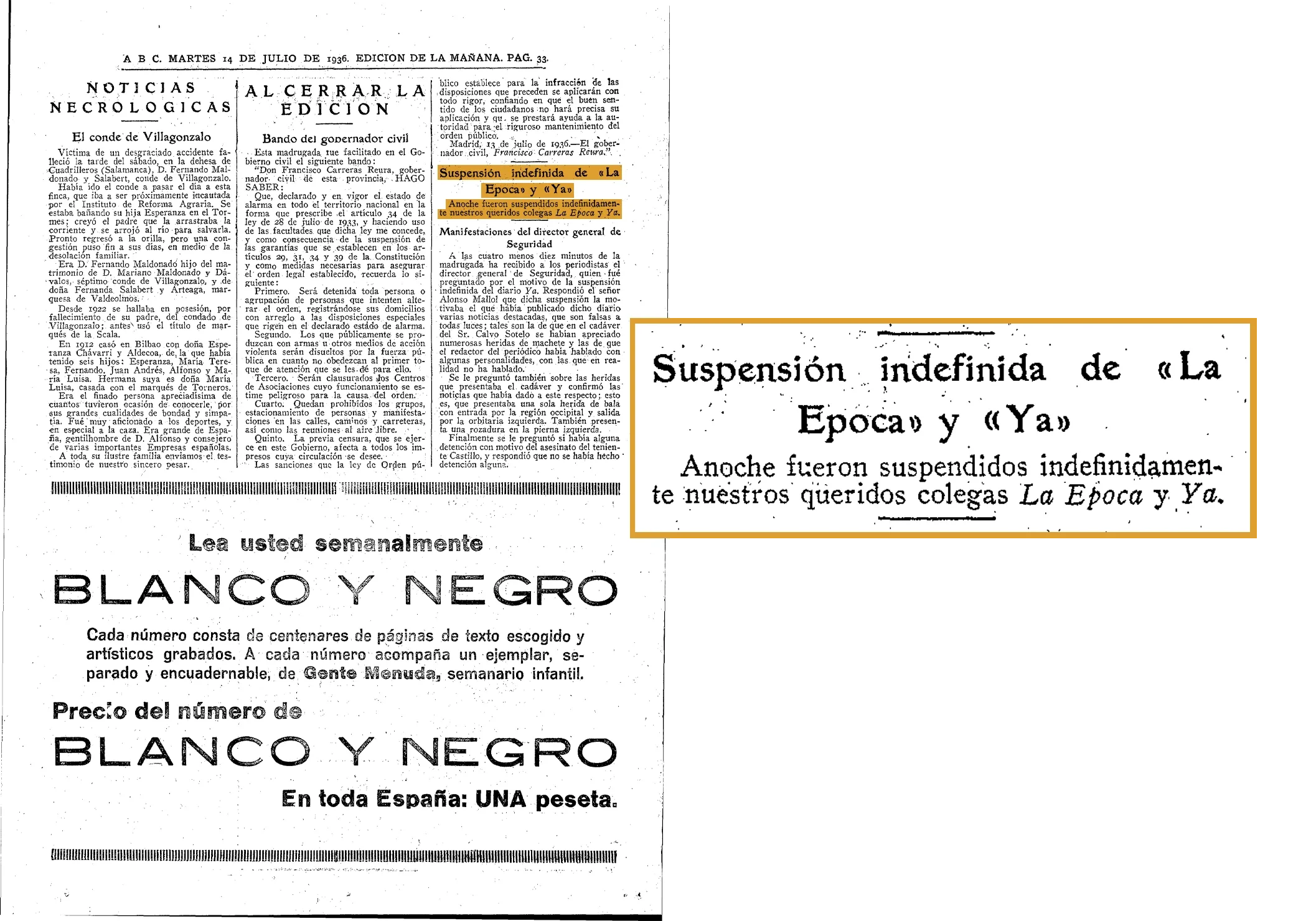 Nota en ABC de la "suspensión indefinida" de los diarios La Época y Ya, por la publicación de "varias noticias destacadas, falsas a todas luces"...
