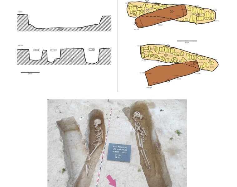Detalle procesos de limpieza, excavación y documentación gráfica de los enterramientos Tumba 30 con fosa de inhumación Tipo II y Tumba 55.