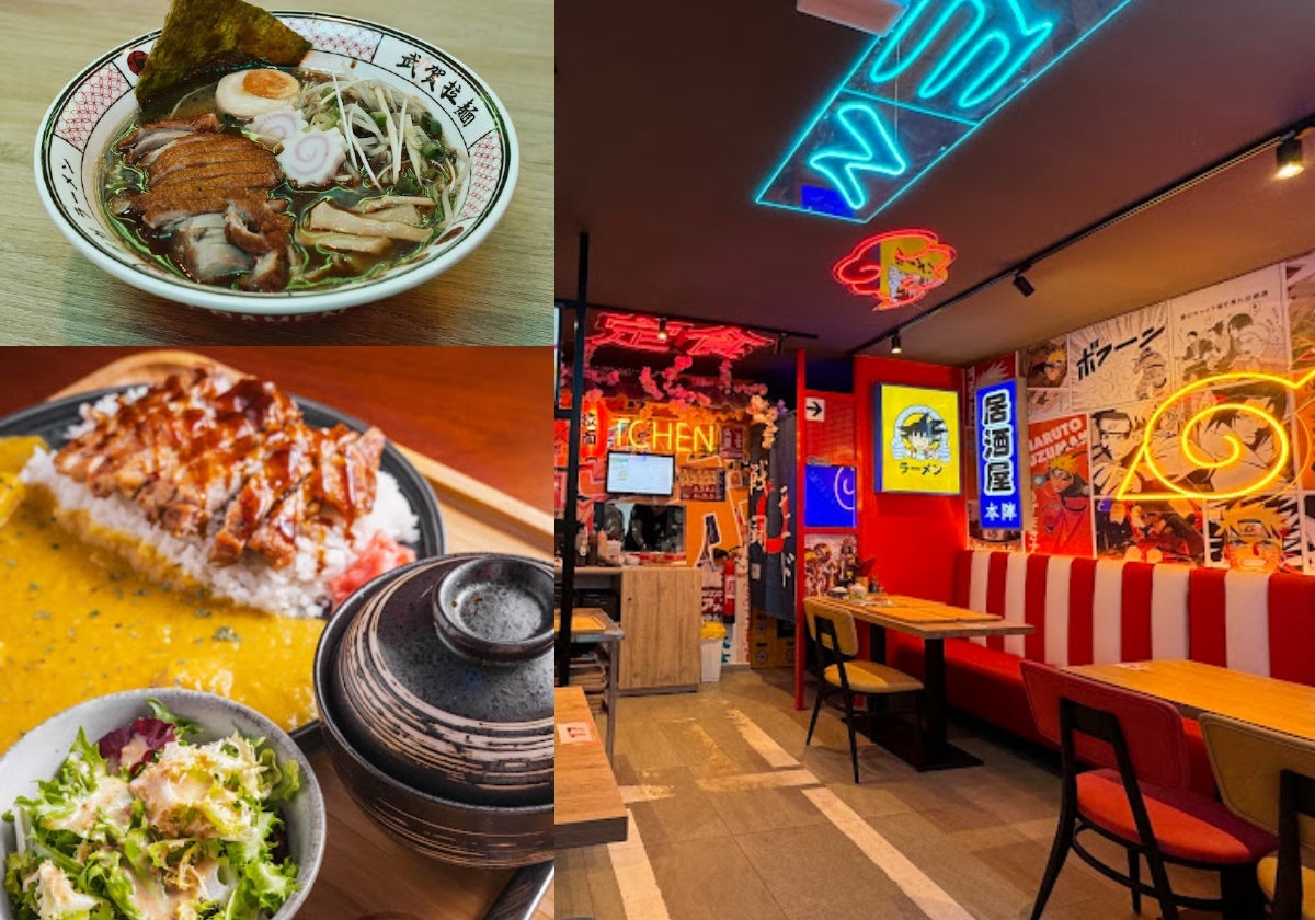 Algunos de los platos servidos en Buga Ramen Huelva y parte de su decoración interior