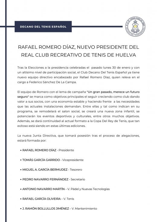 El Real Club Recreativo de Tenis de Huelva tiene nuevo presidente