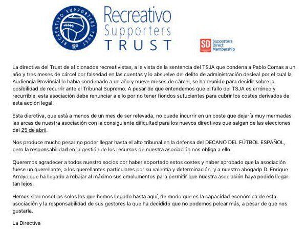 Nuevo triunfo de Comas: el Trust no irá al Tribunal Supremo al no disponer de fondos suficientes