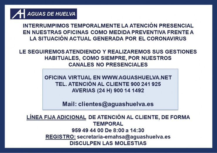 Aguas de Huelva cierra el servicio de atención al cliente de su sede y refuerza los canales no presenciales