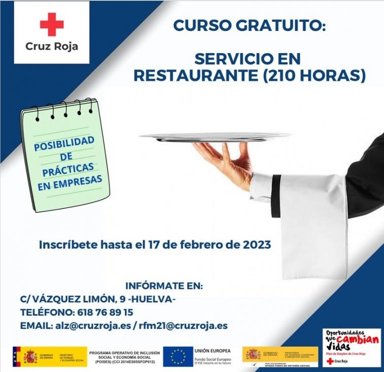 ¿Quieres formarte como camarero/a? Cruz Roja Huelva ofrece un curso gratuito