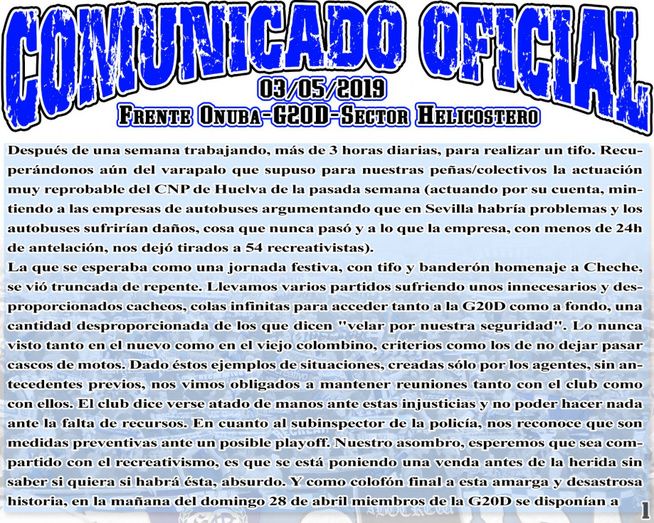 El Frente Onuba denuncia 'actitudes chulescas, desproporcionadas y de porteros de discoteca' de los agentes de seguridad del Colombino