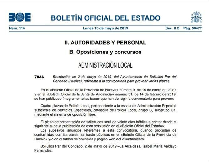 Convocan cuatro plazas de policía local en Bollullos del Condado