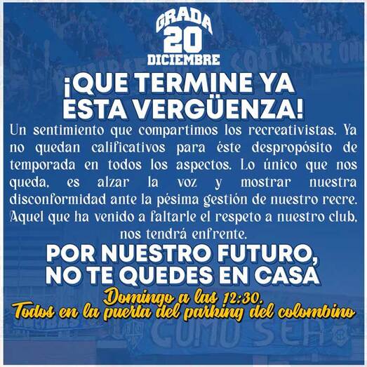La Grada 20 de Diciembre convoca a una protesta el domingo a la entrada de jugadores y directiva