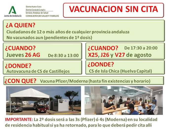 Vacunación sin cita de miércoles a viernes en la capital: para onubenses y gente de otras provincias