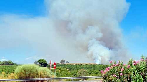 Seis aeronaves y 75 efectivos terrestres trabajan en la extinción de un incendio declarado en Gibraleón