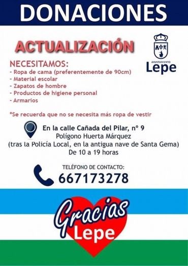 Lepe pide de 'manera prioritaria' material escolar y productos de higiene para los afectados