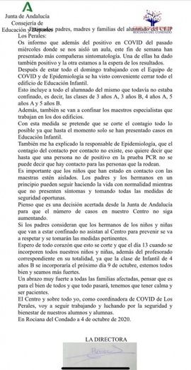 Un nuevo positivo por Covid-19 en el CEIP Los Perales de Rociana obliga a cerrar todo el edificio de Educación Infantil