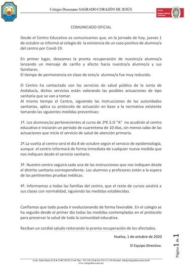 El Colegio Diocesano informa del positivo de un alumno