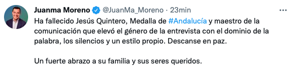 El presidente andaluz lamenta el fallecimiento de Jesús Quintero, 'un maestro de la comunicación'